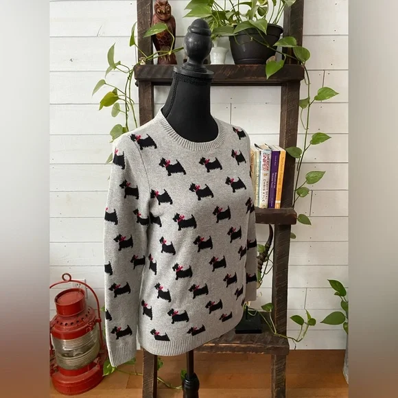 Charter Club: Gray Knit Crew Neck Sweatshirt Western Terrier Dogs with Red Bows - Picture 10 of 17